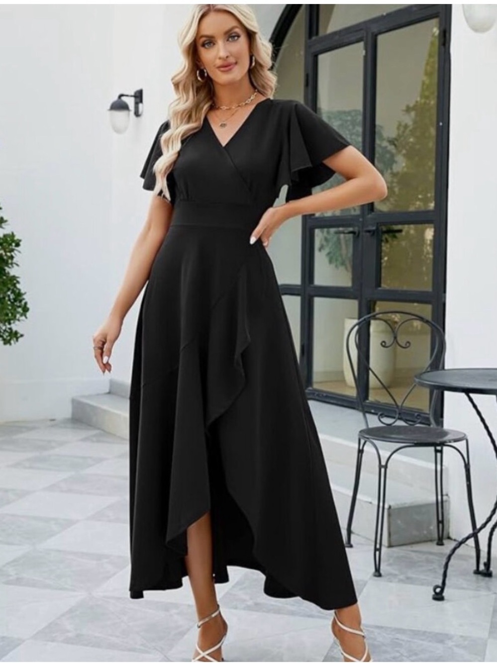 Black High-Low V-Neck Flutter Sleeve Dress